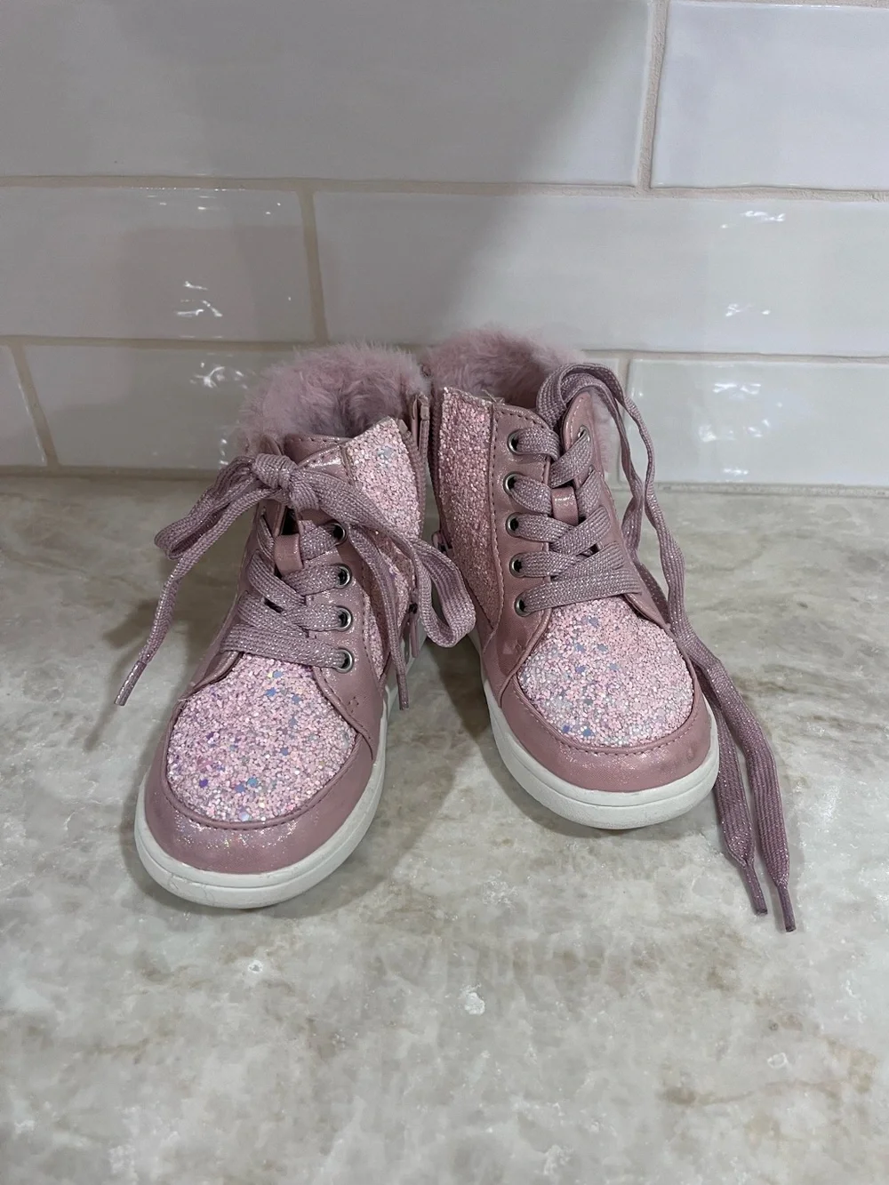 Sugar Kids Pink Glitter High-Top Boots with Faux Fur
